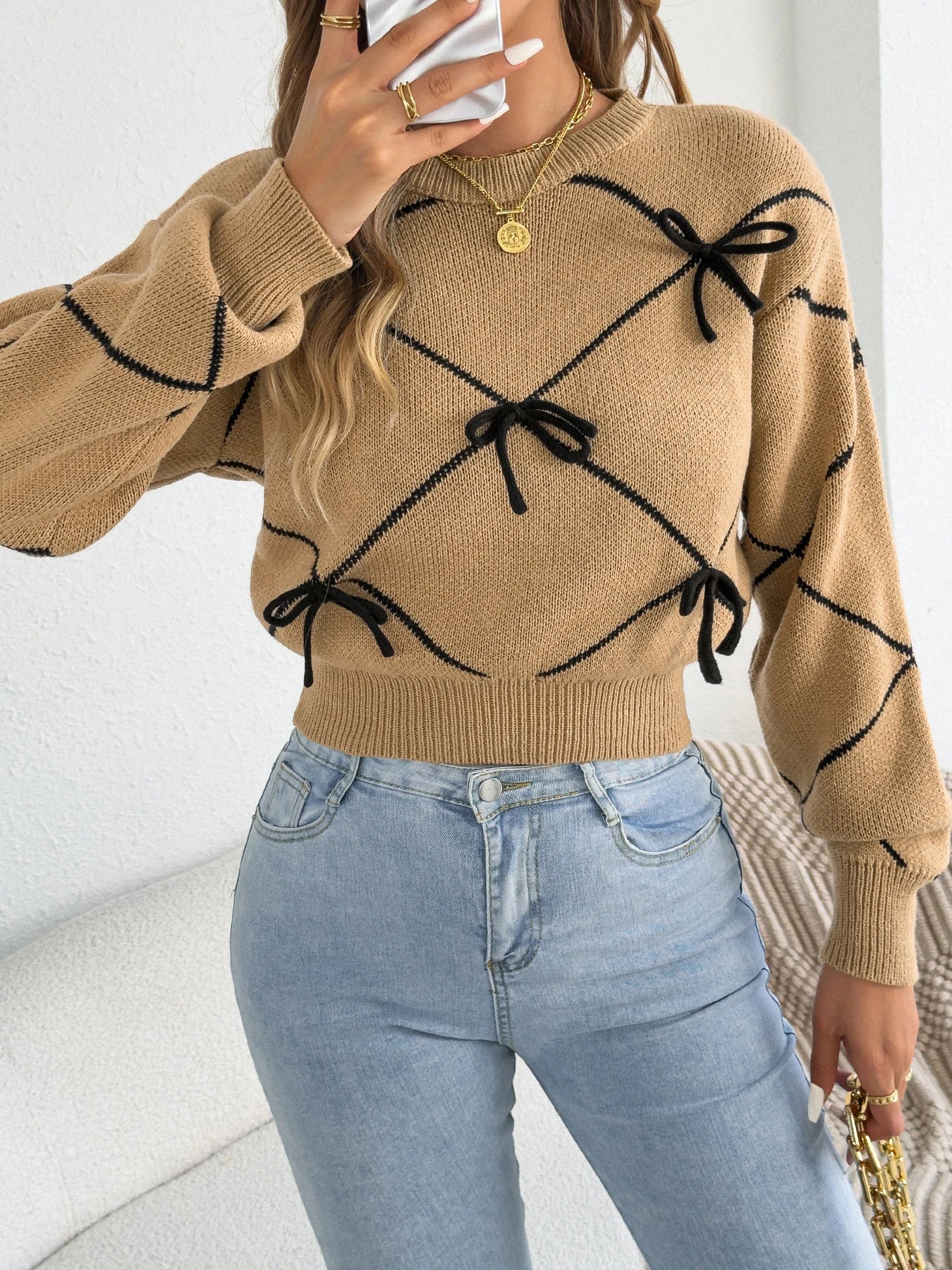 2026 Fashion Contrasting Bow Knitted Sweaters Autumn Winter Casual Round Neck Lantern Long Sleeve Tops for Woman Valentine's Day