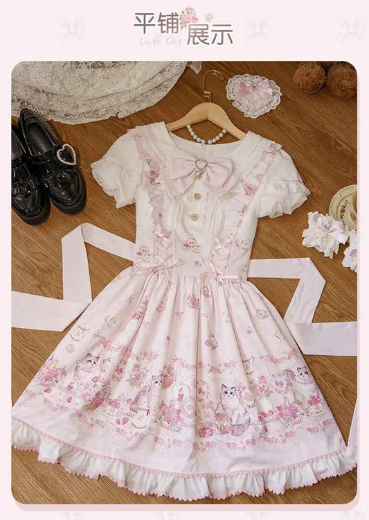 Original New Spring Summer Cute Print Short-sleeved Lolita OP Dress Japanese Sweet Girl Mass-produced Kawaii Bow Short Dresses
