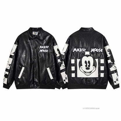 Disney American Cartoon Mickey Embroidery Leather Jacket Men Women Autumn Winter Loose Casual Jacket Fashion Trend Couples Coat SS69