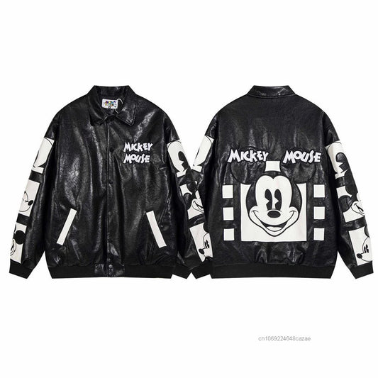 Disney American Cartoon Mickey Embroidery Leather Jacket Men Women Autumn Winter Loose Casual Jacket Fashion Trend Couples Coat SS69