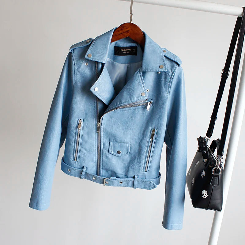 Women's PU Leather Motorcycle Jacket - Slim Fit, Turn-Down Collar