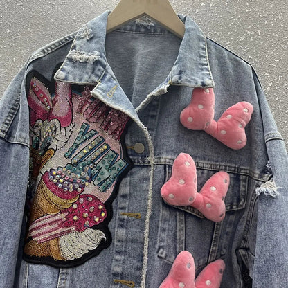 2024 New Women Coat Cartoon Sticker Embroidered Sequin Short Denim Jacket Loose Bowknot Top SS69