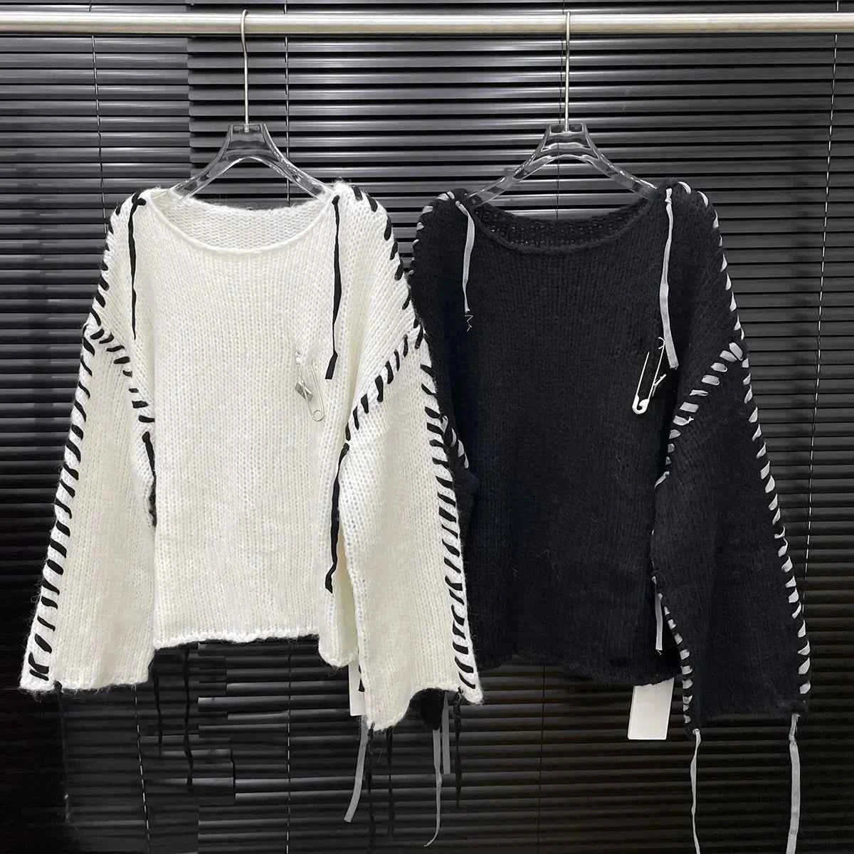 Loose Knitted Long Sleeve Crew Neck Pullover Sweater Fashionable Early Autumn New Style Wear Rope Pin Women's Top