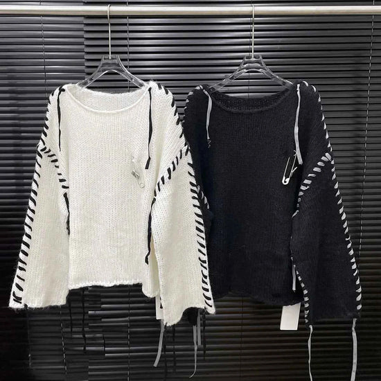 Loose Knitted Long Sleeve Crew Neck Pullover Sweater Fashionable Early Autumn New Style Wear Rope Pin Women's Top
