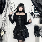AltGoth Aesthetic Goth T-shirt Women Hotsweet Y2k E-girl 2000s Streetwear Lace Patchwork Square Collar Long Sleeve Crop Tee Tops - SS69