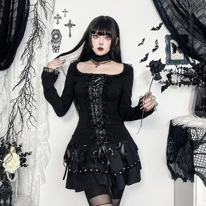 AltGoth Aesthetic Goth T-shirt Women Hotsweet Y2k E-girl 2000s Streetwear Lace Patchwork Square Collar Long Sleeve Crop Tee Tops - SS69