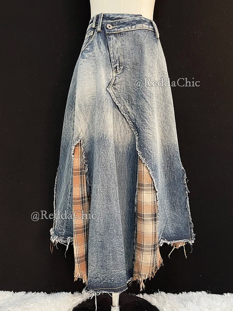 REDDACHiC Women's Patchwork Plaid Denim Maxi Skirt