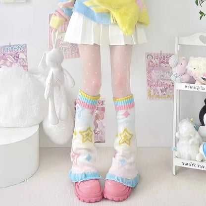 SS69 Japanese Design Y2K Knitted Flared Leg Warmers Colorful Patchwork