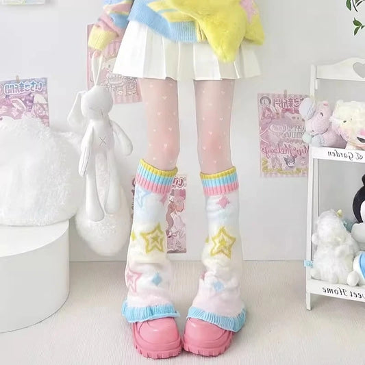 SS69 Japanese Design Y2K Knitted Flared Leg Warmers Colorful Patchwork