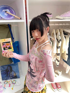 Karrram Japanese Y2k Anime Print Mesh Tops 2000s Aesthetics Pink Sheer Top Vintage Harajuku Kawaii See Through T-shirt Lolita SS69