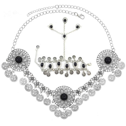 Traditional Kazakhstan Ethnic Coins Bracelet Hair Accessories  for Women Vintage Nepalese Tibetan Clothing Headwear Jewelry Set