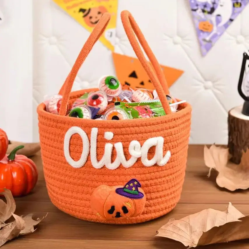 Custom Name Halloween Candy Basket, Personalized Cotton Trick or Treat Bag, Kids Candy Basket, Boo Basket, Halloween Gift,