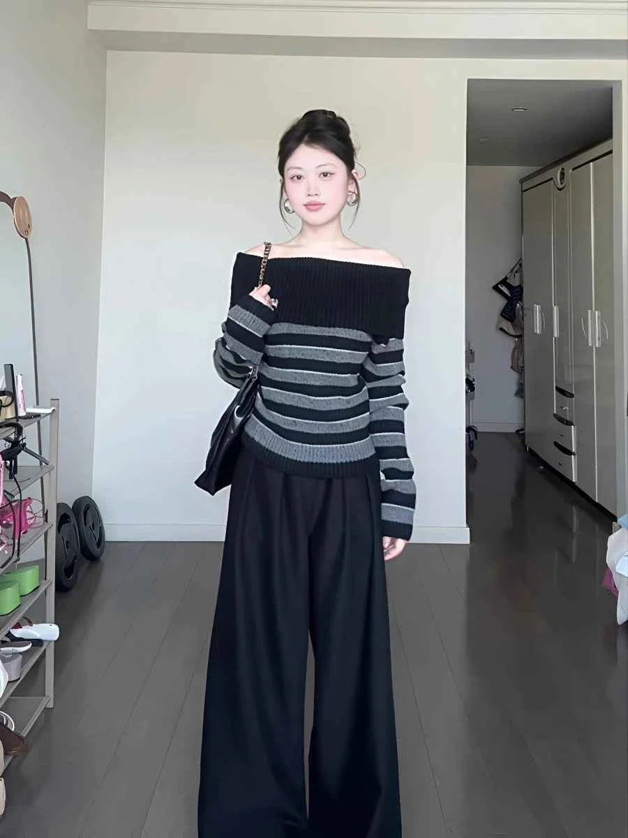 2025 Autumn Winter Women Long Sleeve Slash Neck Striped Cuddly Sweater Knitwear 2000s Jumper Gyaru Coquette Korean Fashion New