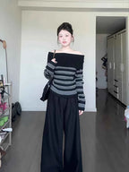 2025 Autumn Winter Women Long Sleeve Slash Neck Striped Cuddly Sweater Knitwear 2000s Jumper Gyaru Coquette Korean Fashion New