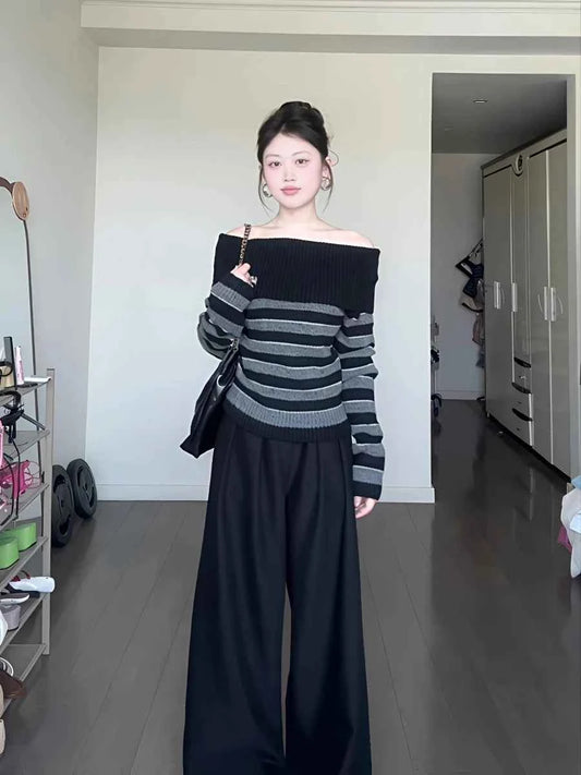 2025 Autumn Winter Women Long Sleeve Slash Neck Striped Cuddly Sweater Knitwear 2000s Jumper Gyaru Coquette Korean Fashion New