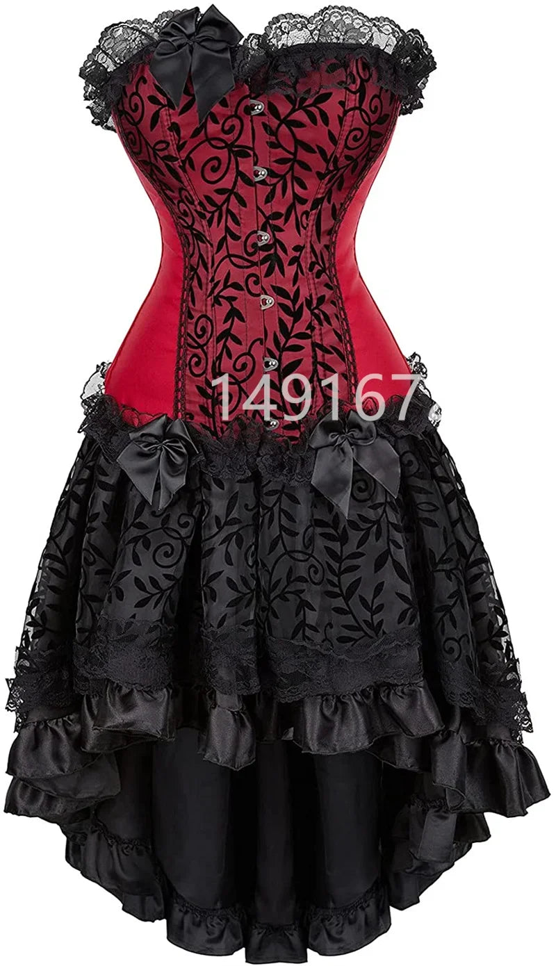 Plus Size Vintage Floral Lace Corset Bustier & Skirt Set - Green
