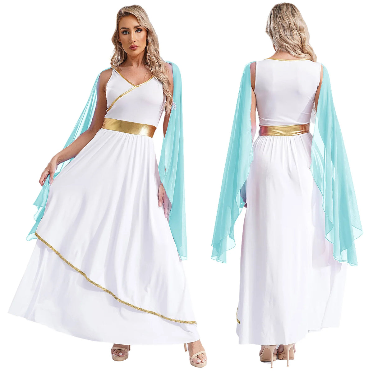 Womens One-Shoulder Greek Goddess Costume Dress with Chiffon Overlay
