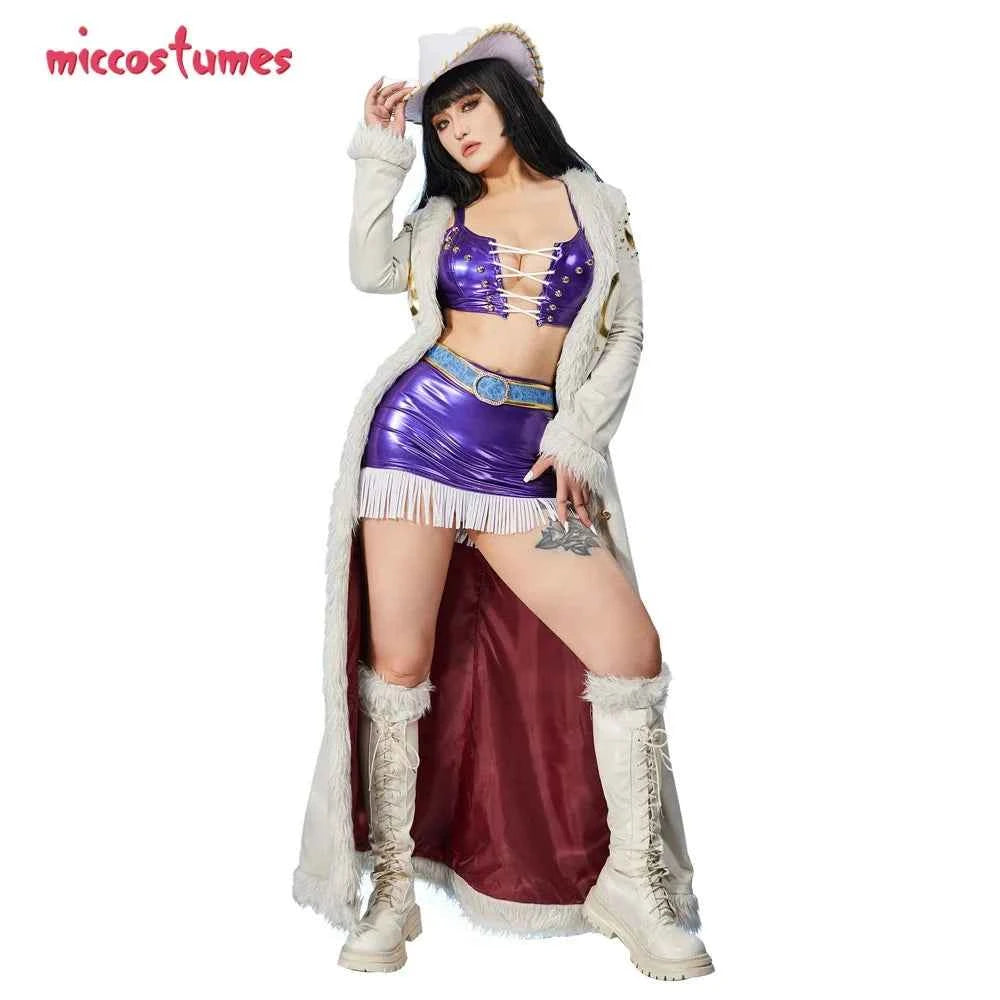 Miccostumes Women's Anime Cosplay Costume Bra and Miniskirt with Long Coat and Hat Halloween Cosplay Costumes