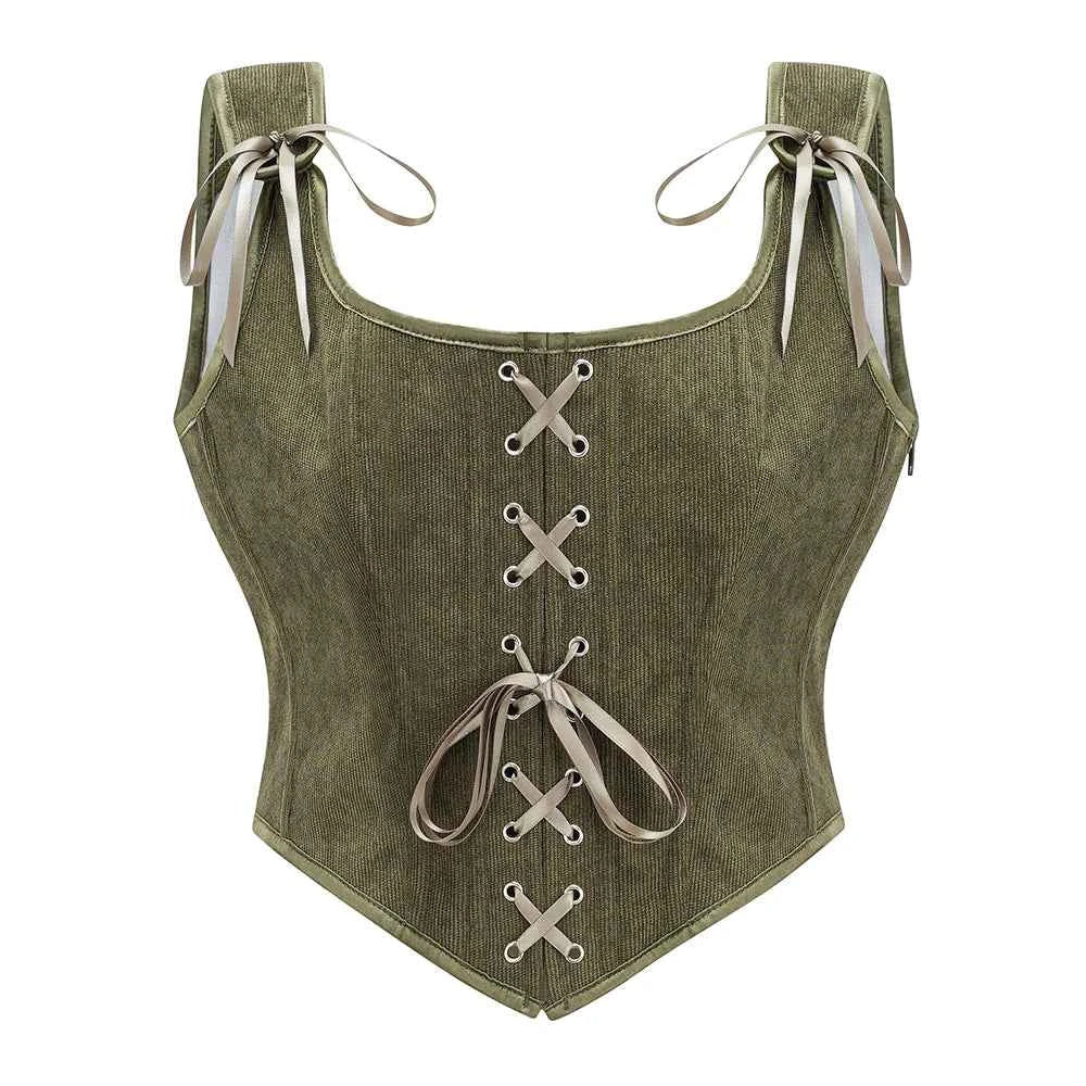 SS69 Victorian Vintage Corset Vest, Army Green Lace-Up Punk Goth Tank Top