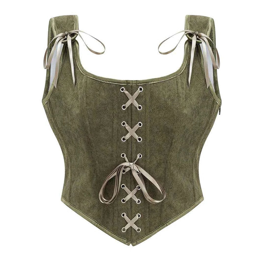SS69 Victorian Vintage Corset Vest, Army Green Lace-Up Punk Goth Tank Top