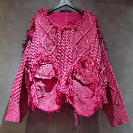 NANCYLIM Women's Vintage Denim Patchwork Knitted Pullover Sweater Loose Fit