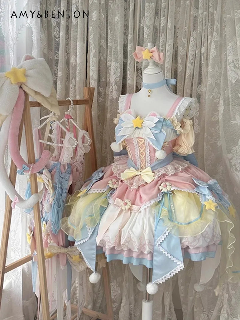 Summer Japanese Style Christmas Sweet Cute Magic Girl Lolita Pink and Blue Dress Jsk Flower Marriage Dress for Women