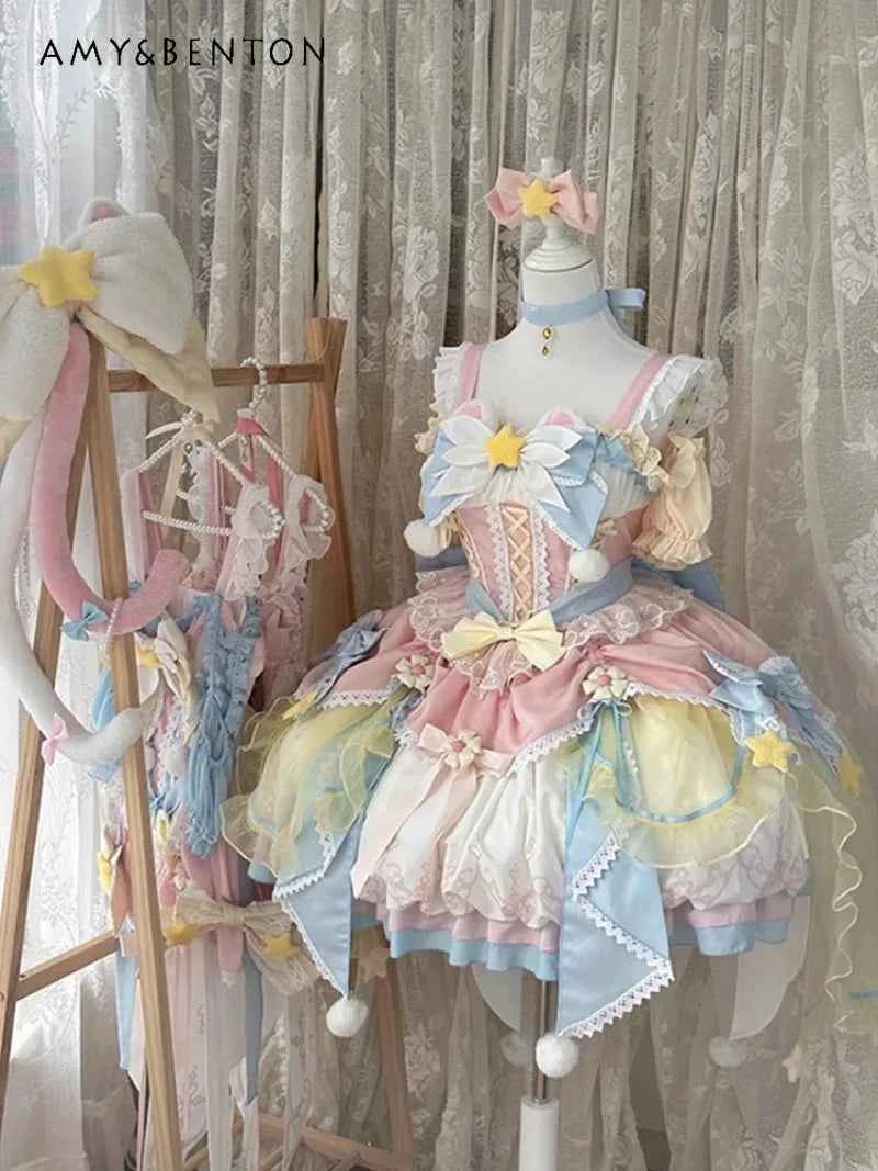 Summer Japanese Style Christmas Sweet Cute Magic Girl Lolita Pink and Blue Dress Jsk Flower Marriage Dress for Women