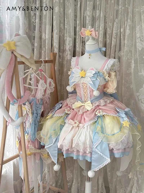 Summer Japanese Style Christmas Sweet Cute Magic Girl Lolita Pink and Blue Dress Jsk Flower Marriage Dress for Women