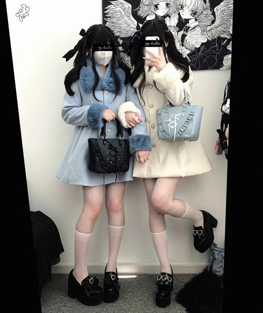 Original Japanese Sweet Imitation Woolen Coat Removable Fur Collar 2025 Winter Jacket Love Single-breasted Wool Overcoat Femlae