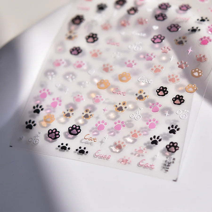 Cute Jelly Pink Cat Paw Print Nail Sticker Kawaii Pink Black Cat Claw 5D Embossed Self-Adhesive Nail Art Sticker Nail Art Decal SS69