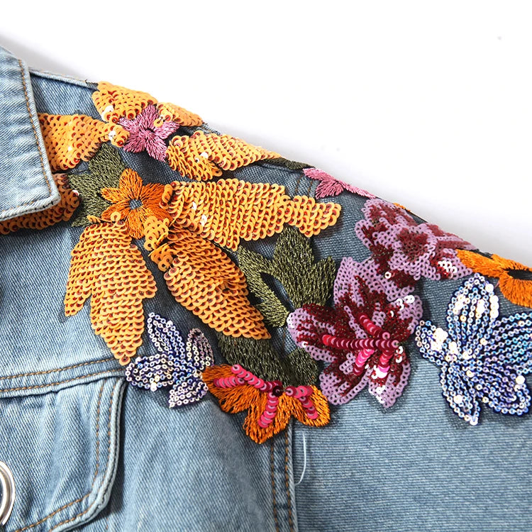 Women Flowers Embroidered Sequined Denim Jacket Spring Autumn Floral Beading Jeans Coat Ribbons Cowboy Cardigan Tops Chaquetas SS69