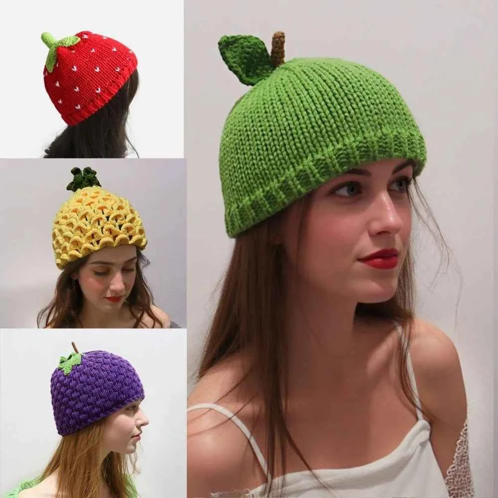 Creative Warm Knitted Fruit Hat Thick Soft Strawberry Pullover Cap Brimless Stretchy Skiing Hat Winter Head Accessory