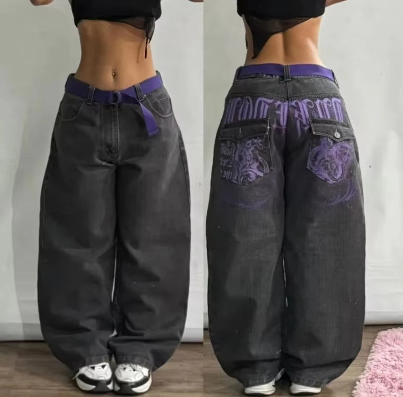 Y2K Cherry Blossom Embroidered Wide Leg Jeans