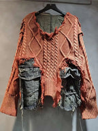 DEAT Women's Patchwork Denim Pullover Sweater - Loose Knit Top