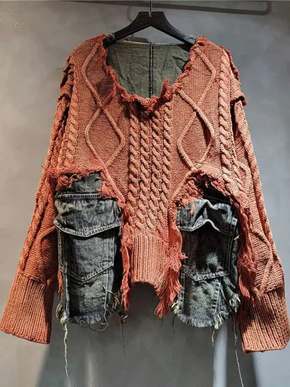 DEAT Women's Patchwork Denim Pullover Sweater, Long Sleeve Loose Knit Top
