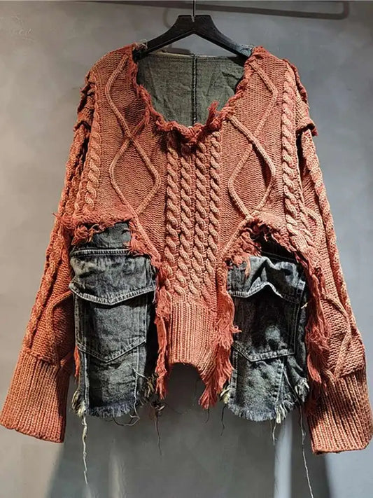 DEAT Women's Patchwork Denim Pullover Sweater, Long Sleeve Loose Knit Top