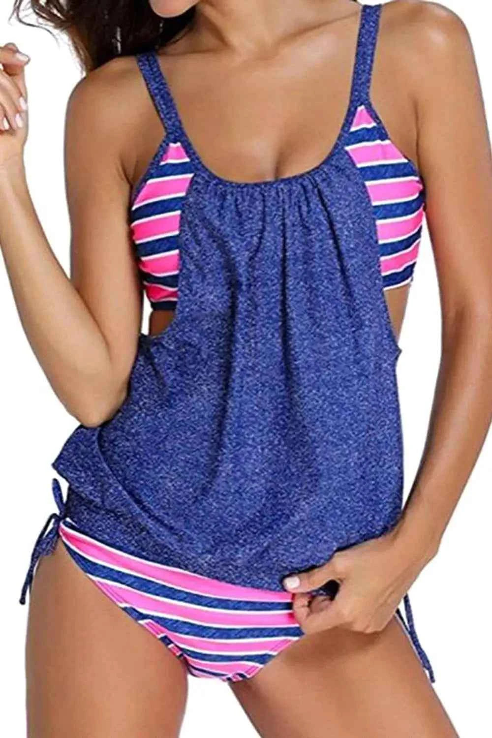 Women PLus Size Striped Tankini Vest Top Strap Swimsuits Swimwear Tankini  Ladies Female Belly Covered Tankini Set FS1736