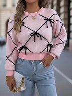2026 Fashion Contrasting Bow Knitted Sweaters Autumn Winter Casual Round Neck Lantern Long Sleeve Tops for Woman Valentine's Day