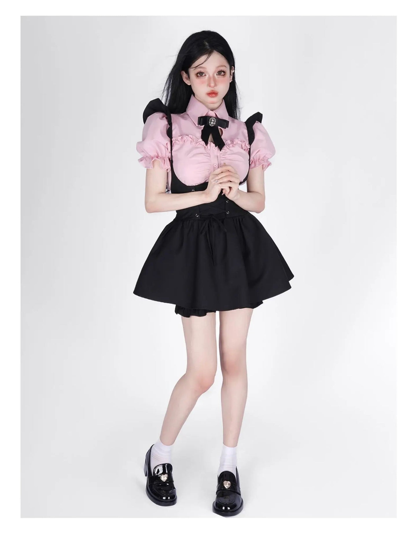 Summer Kawaii Clothing Pink Y2k Crop Tops Blouse + Black Mini Dress Two Piece Set for Women Casual Bodycon Korean Suit Chic SS69