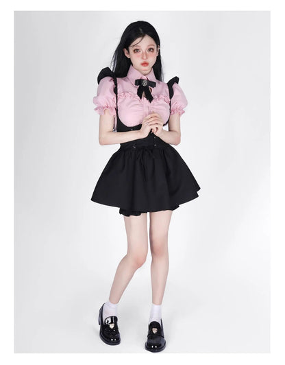 Summer Kawaii Clothing Pink Y2k Crop Tops Blouse + Black Mini Dress Two Piece Set for Women Casual Bodycon Korean Suit Chic SS69