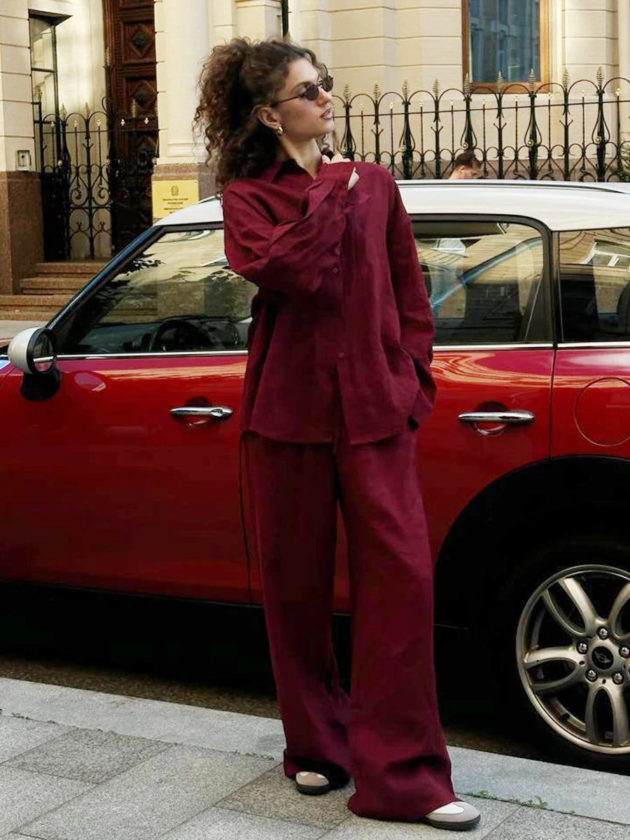 Bornladies Women's Cotton Long Sleeve Shirt & Wide Leg Pants Set
