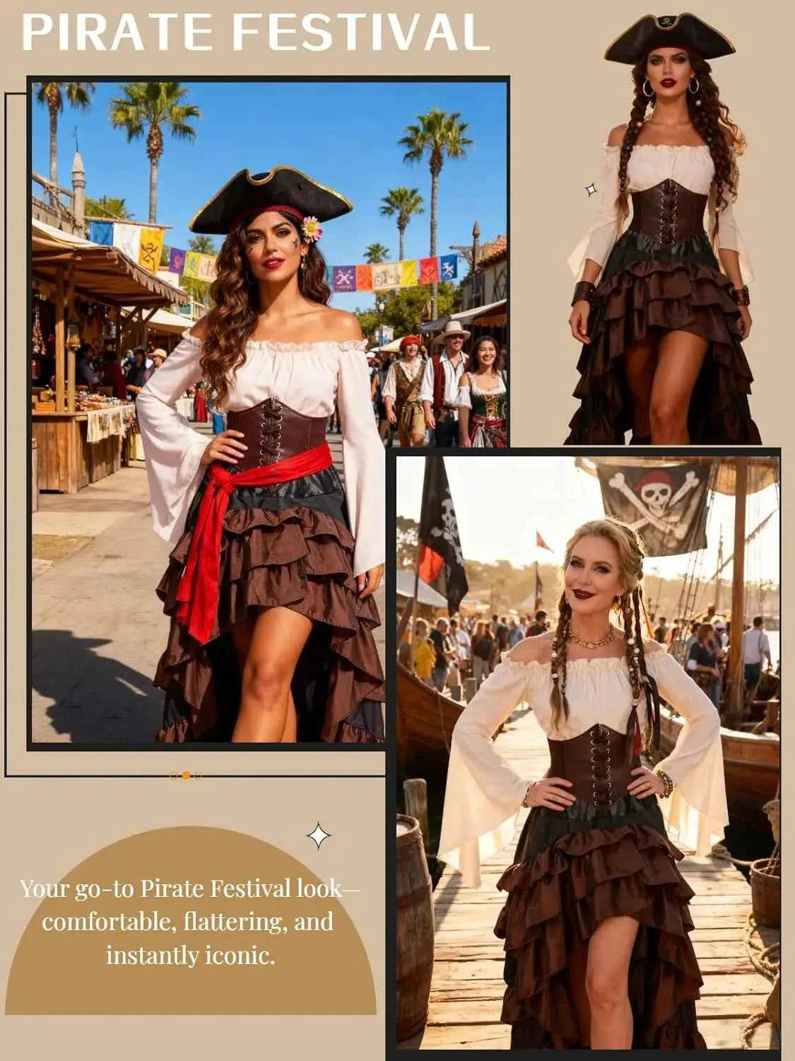 Verceco Pirate Costume Women Outfit with Renaissance Pirate Shirt Skirt Corset Waist Belt Womens Halloween Pirate Costumes