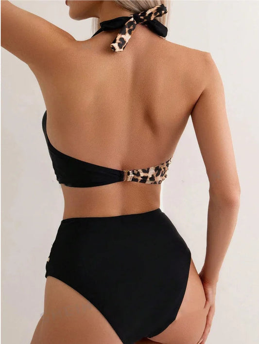 Sexy Leopard Laced Up Bikini 2 Piece Set Women Split Swimsuit High Waist Beach Style Bikini 2025 New Summer Swimwear Bikinis Set SS69