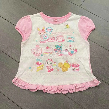 Japanese Sweet Kawaii Cartoon Polka Dot Print T-shirt Women Loose Casual Contrast Color Cute Graphic Tees Y2k Aesthetic Tops New