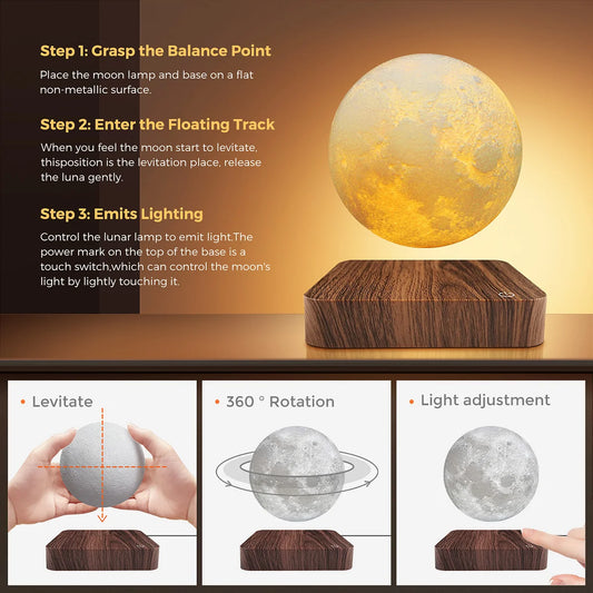 Mexllex Magnetic Floating Moon Lamp, 3D Printed Rotating LED Night Light