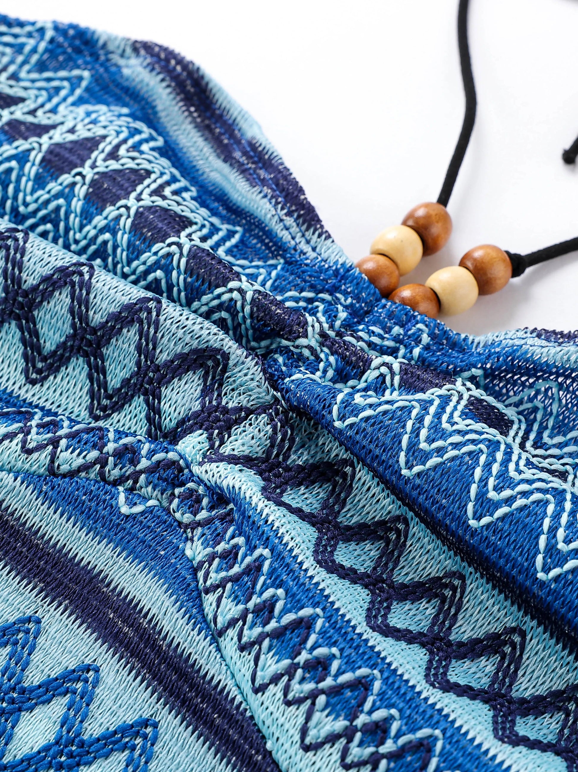 Geo Pattern Beaded Halter Crop Top, Vacation Style Backless Crop Top For Summer, Women's Clothing SS69