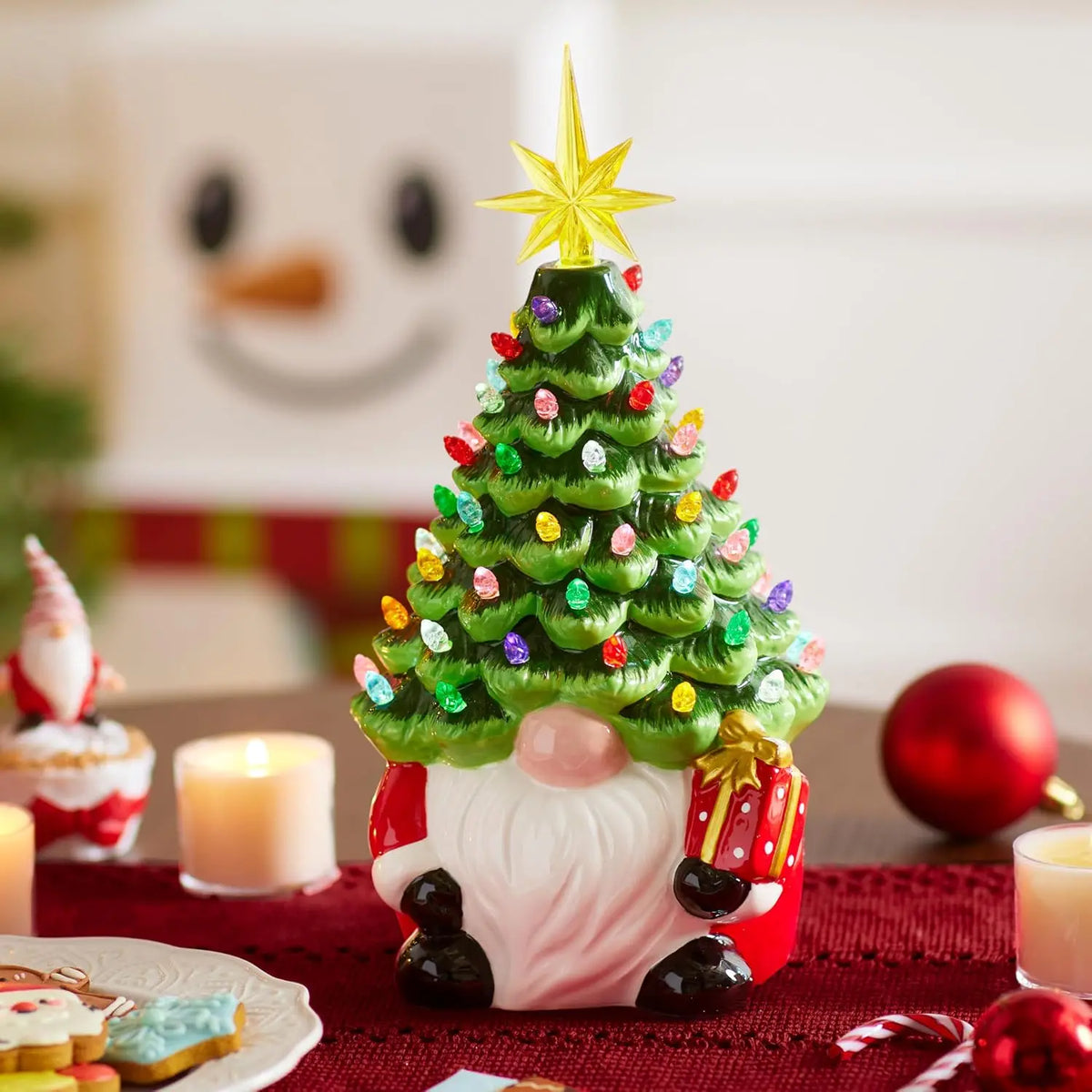 12” Gnome Ceramic Tree Light up Tabletop Xmas Decor with 60 LED Lights Ceramic Tree with Christmas Themed Design Xmas Holiday Indoor Office Table Fireplace Decoration