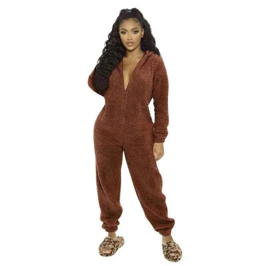 BWQ Womens Winter Warm Onesie Pajamas Fuzzy Fleece Zipper Up Bear Ear Hooded Romper Jumpsuits Sleepwear Loungewear