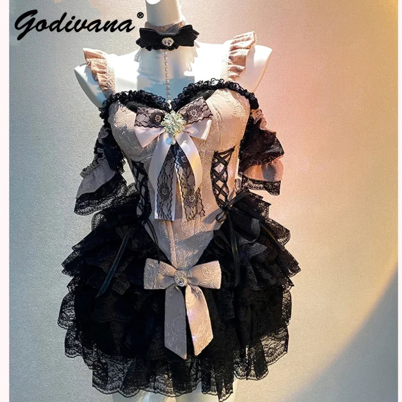 2024 New Spring Summer Ladies Exquisite Lace Skirt Suit Lolita Sweet Womens Black Pink Bow Tube Top Sling Short Cake Skirt Set SS69