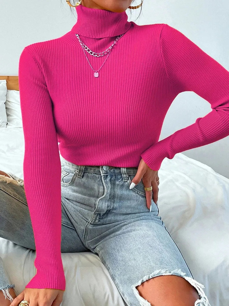 2025 Autumn Winter Women Long Sleeve Knitted Foldover Turtleneck Ribbed Pull Sweater Soft Warm Femme Jumper Pullover Clothes SS69 13.69 One Size / Rose